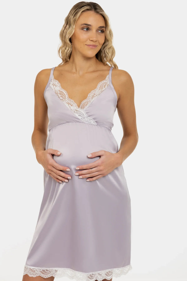 Σατέν νυχτικό εγκυμοσύνης και θηλασμού σε ανοιχτό μωβ