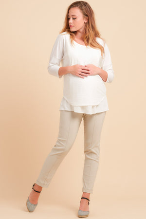 Ελαστικό παντελόνι εγκυμοσύνης σε μπεζ χρώμα - Παντελόνι - soonMAMA - Η σωστή προσθήκη στην κομψή και άνετη εγκυμοσύνη! - Παλτά για έγκυες