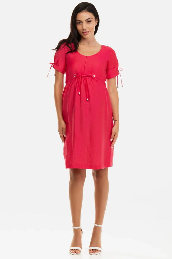 Λινό φόρεμα εγκυμοσύνης και θηλασμού με τρουκς σε κυκλάμινο - Φόρεμα - soonMAMA - Η σωστή προσθήκη στην κομψή και άνετη εγκυμοσύνη! - Παλτά για έγκυες