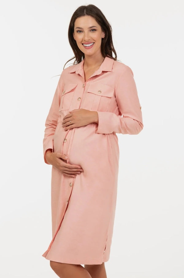 Βαμβακερό φόρεμα-πουκάμισο εγκυμοσύνης και θηλασμού - ροδακινί