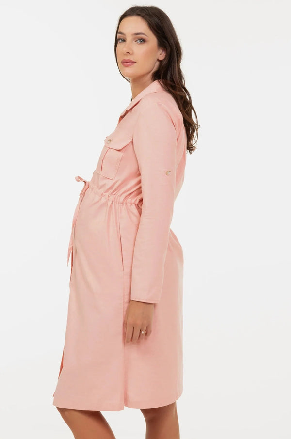 Βαμβακερό φόρεμα-πουκάμισο εγκυμοσύνης και θηλασμού - ροδακινί