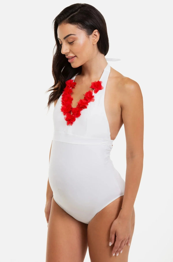 Ολόσωμο λευκό μαγιό εγκυμοσύνης με λουλούδια σιφόν - - soonMAMA - Η σωστή προσθήκη στην κομψή και άνετη εγκυμοσύνη! - Παλτά για έγκυες