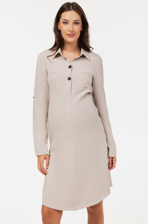 Πουκαμισο-φόρεμα εγκυμοσύνης και θηλασμού από ύφασμα με υφή – ανοιχτό μπεζ - - soonMAMA - Η σωστή προσθήκη στην κομψή και άνετη εγκυμοσύνη! - Παλτά για έγκυες