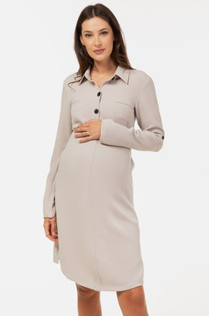 Πουκαμισο-φόρεμα εγκυμοσύνης και θηλασμού από ύφασμα με υφή – ανοιχτό μπεζ - - soonMAMA - Η σωστή προσθήκη στην κομψή και άνετη εγκυμοσύνη! - Παλτά για έγκυες