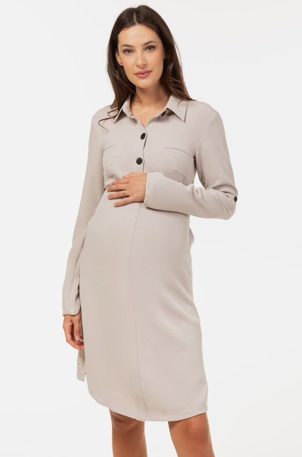 Πουκαμισο-φόρεμα εγκυμοσύνης και θηλασμού από ύφασμα με υφή – ανοιχτό μπεζ - - soonMAMA - Η σωστή προσθήκη στην κομψή και άνετη εγκυμοσύνη! - Παλτά για έγκυες