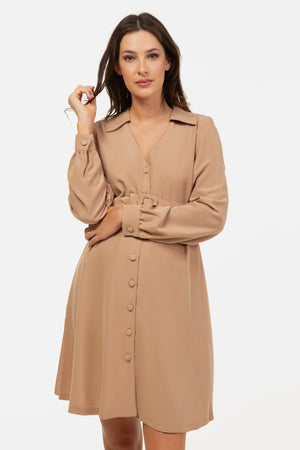 Φόρεμα εγκυμοσύνης και θηλασμού με γιακά – μπεζ - - soonMAMA - Η σωστή προσθήκη στην κομψή και άνετη εγκυμοσύνη! - Παλτά για έγκυες