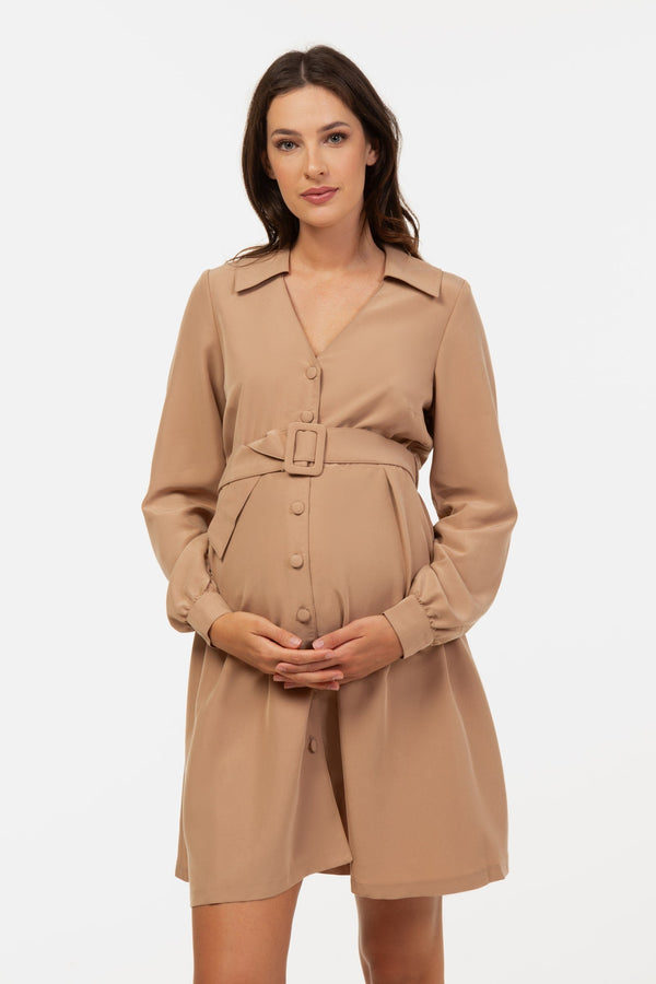 Φόρεμα εγκυμοσύνης και θηλασμού με γιακά – μπεζ - - soonMAMA - Η σωστή προσθήκη στην κομψή και άνετη εγκυμοσύνη! - Παλτά για έγκυες