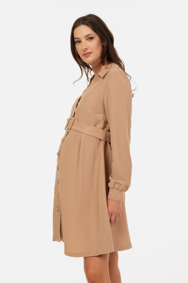 Φόρεμα εγκυμοσύνης και θηλασμού με γιακά – μπεζ - - soonMAMA - Η σωστή προσθήκη στην κομψή και άνετη εγκυμοσύνη! - Παλτά για έγκυες