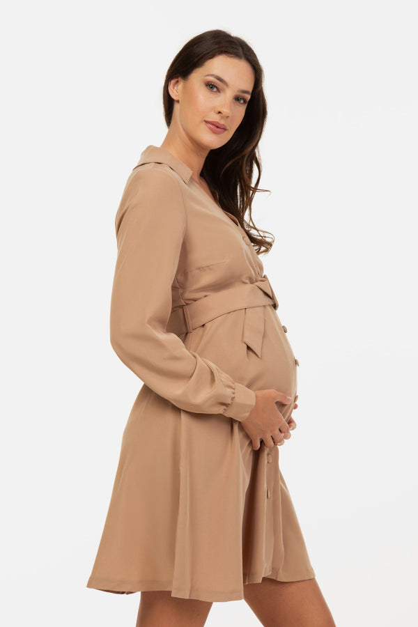 Φόρεμα εγκυμοσύνης και θηλασμού με γιακά – μπεζ - - soonMAMA - Η σωστή προσθήκη στην κομψή και άνετη εγκυμοσύνη! - Παλτά για έγκυες