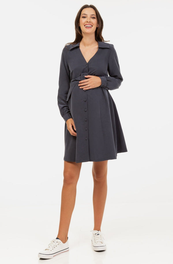 Φόρεμα εγκυμοσύνης και θηλασμού με γιακά – γκρι - - soonMAMA - Η σωστή προσθήκη στην κομψή και άνετη εγκυμοσύνη! - Παλτά για έγκυες