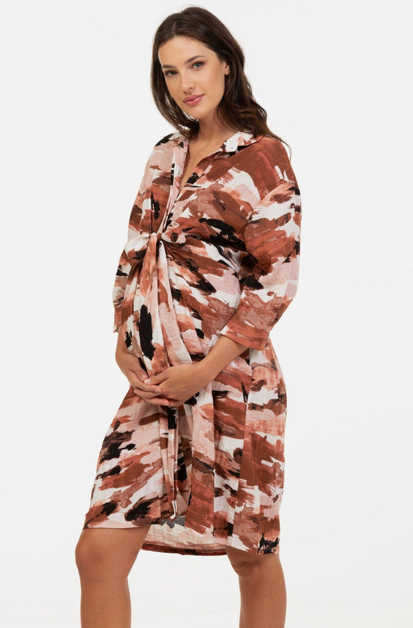 Πουκαμίσα-φόρεμα εγκυμοσύνης και θηλασμού - τερακότα - - soonMAMA - Η σωστή προσθήκη στην κομψή και άνετη εγκυμοσύνη! - Παλτά για έγκυες