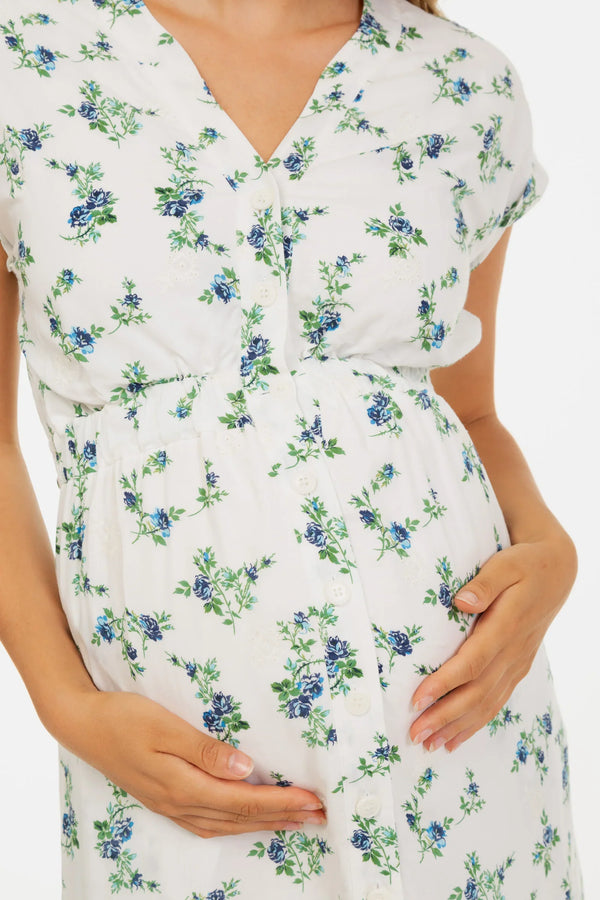 Βαμβακερό φόρεμα εγκυμοσύνης και θηλασμού με κέντημα – μπλε λουλούδια
