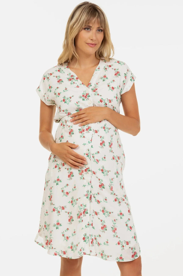 Βαμβακερό φόρεμα εγκυμοσύνης και θηλασμού με κέντημα – κόκκινα λουλούδια