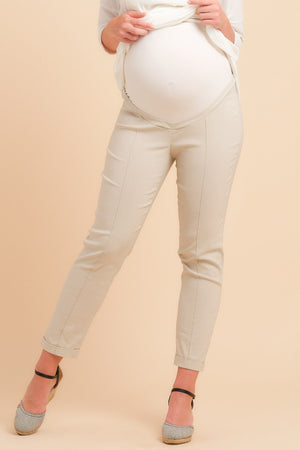 Ελαστικό παντελόνι εγκυμοσύνης σε μπεζ χρώμα - Παντελόνι - soonMAMA - Η σωστή προσθήκη στην κομψή και άνετη εγκυμοσύνη! - Παλτά για έγκυες