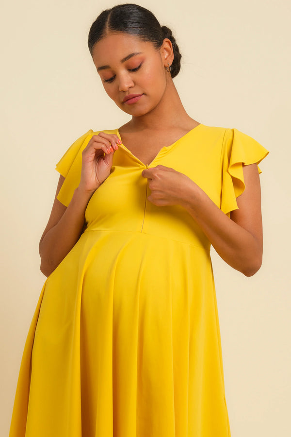 Αεράτο κίτρινο φόρεμα εγκυμοσύνης και θηλασμού -  - soonMAMA - Η σωστή προσθήκη στην κομψή και άνετη εγκυμοσύνη! - Παλτά για έγκυες
