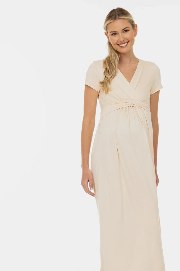 Φόρεμα εγκυμοσύνης και θηλασμού με διακοσμητική ζώνη – σαμπανί - - soonMAMA - Η σωστή προσθήκη στην κομψή και άνετη εγκυμοσύνη! - Παλτά για έγκυες