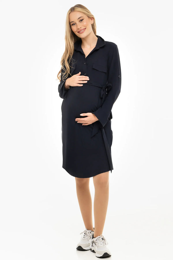 Ελαστικό φόρεμα εγκυμοσύνης και θηλασμό με γιακά – σκούρο μπλε