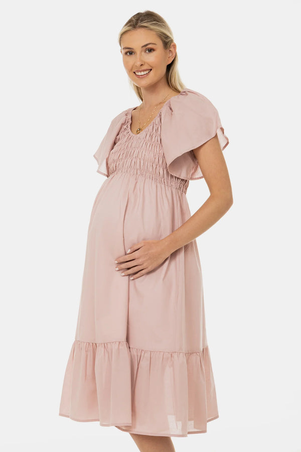 Καλοκαιρινό βαμβακερό φόρεμα εγκυμοσύνης με πτυχώσεις – ροζ πούδρα - - soonMAMA - Η σωστή προσθήκη στην κομψή και άνετη εγκυμοσύνη! - Παλτά για έγκυες