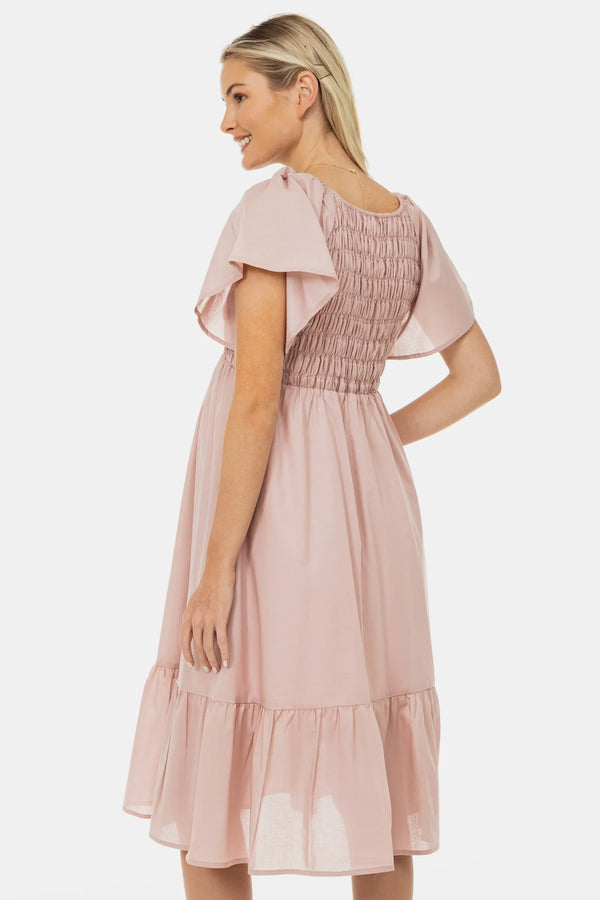 Καλοκαιρινό βαμβακερό φόρεμα εγκυμοσύνης με πτυχώσεις – ροζ πούδρα - - soonMAMA - Η σωστή προσθήκη στην κομψή και άνετη εγκυμοσύνη! - Παλτά για έγκυες