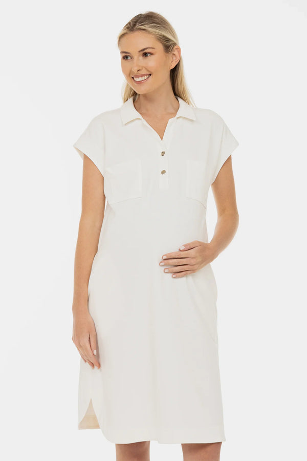 Φόρεμα-πουκάμισο εγκυμοσύνης με γιακά και τσέπες - εκρού - - soonMAMA - Η σωστή προσθήκη στην κομψή και άνετη εγκυμοσύνη! - Παλτά για έγκυες