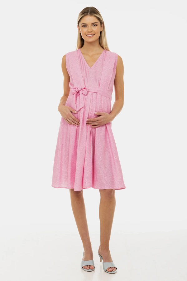 Φόρεμα εγκυμοσύνης και θηλασμού με ζωνάκι – ροζ μοτίβο - - soonMAMA - Η σωστή προσθήκη στην κομψή και άνετη εγκυμοσύνη! - Παλτά για έγκυες