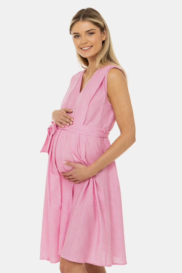 Φόρεμα εγκυμοσύνης και θηλασμού με ζωνάκι – ροζ μοτίβο - - soonMAMA - Η σωστή προσθήκη στην κομψή και άνετη εγκυμοσύνη! - Παλτά για έγκυες