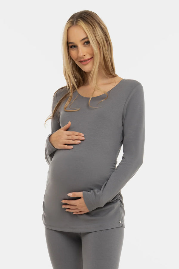 Γκρι βαμβακερή μπλούζα εγκυμοσύνης με σούρες