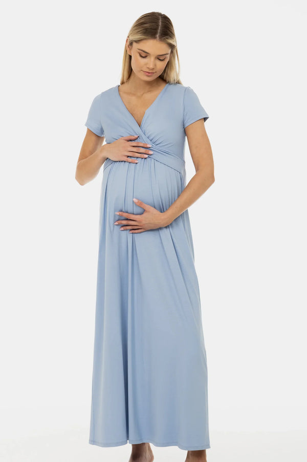 Φόρεμα εγκυμοσύνης και θηλασμού με διακοσμητική ζώνη – γαλάζιο - - soonMAMA - Η σωστή προσθήκη στην κομψή και άνετη εγκυμοσύνη! - Παλτά για έγκυες