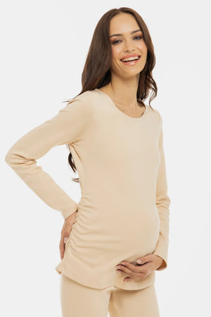Βαμβακερή μπλούζα εγκυμοσύνης με σούρες – μπεζ - - soonMAMA - Η σωστή προσθήκη στην κομψή και άνετη εγκυμοσύνη! - Παλτά για έγκυες