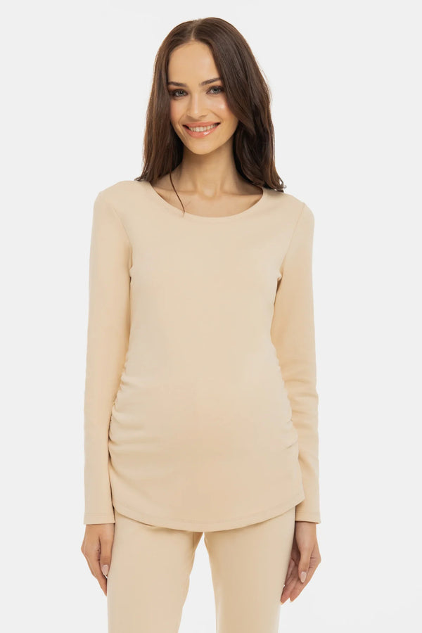 Βαμβακερή μπλούζα εγκυμοσύνης με σούρες – μπεζ - - soonMAMA - Η σωστή προσθήκη στην κομψή και άνετη εγκυμοσύνη! - Παλτά για έγκυες