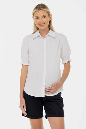 Βαμβακερό πουκάμισο εγκυμοσύνης και θηλασμού με φουσκωτά μανίκια - - soonMAMA - Η σωστή προσθήκη στην κομψή και άνετη εγκυμοσύνη! - Παλτά για έγκυες