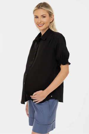 Βαμβακερό πουκάμισο εγκυμοσύνης και θηλασμού με φουσκωτά μανίκια - - soonMAMA - Η σωστή προσθήκη στην κομψή και άνετη εγκυμοσύνη! - Παλτά για έγκυες