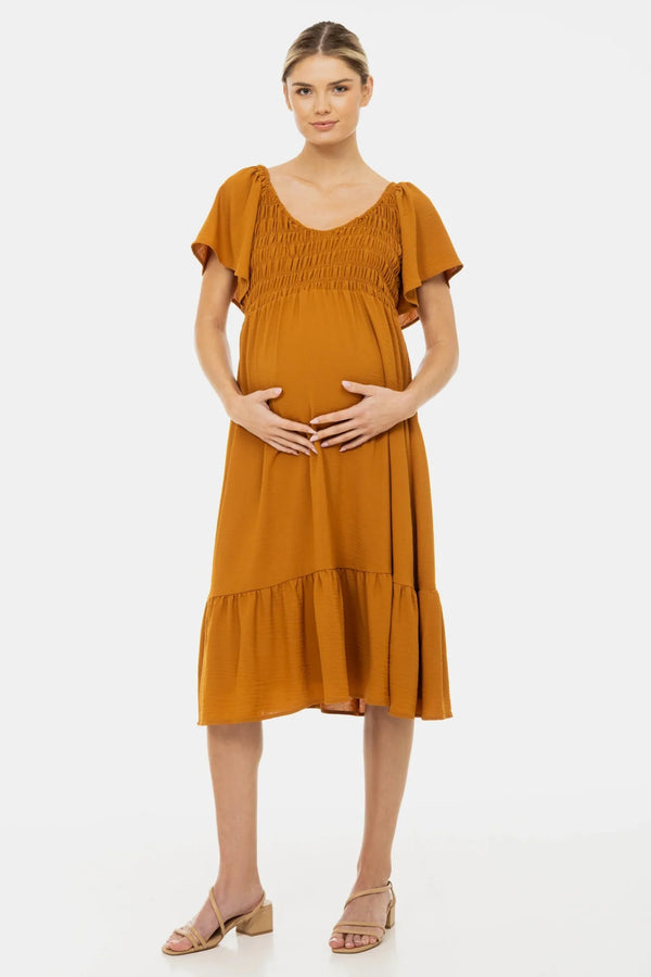 Μπόχο φόρεμα εγκυμοσύνης με σούρα με λάστιχο και βολάν - - soonMAMA - Η σωστή προσθήκη στην κομψή και άνετη εγκυμοσύνη! - Παλτά για έγκυες