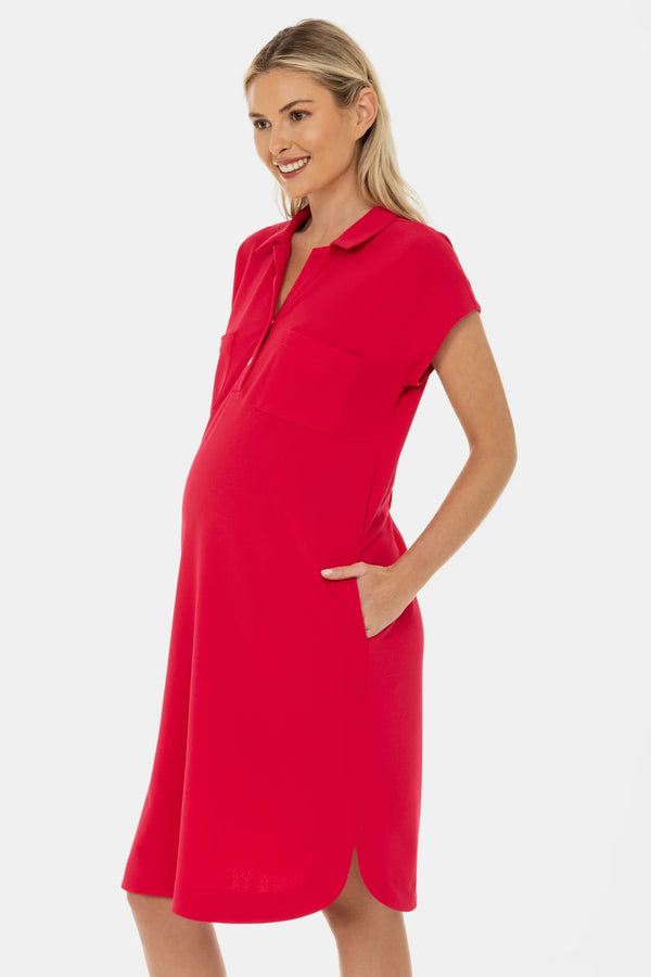 Φόρεμα-πουκάμισο εγκυμοσύνης με γιακά και τσέπες – φούξια - - soonMAMA - Η σωστή προσθήκη στην κομψή και άνετη εγκυμοσύνη! - Παλτά για έγκυες