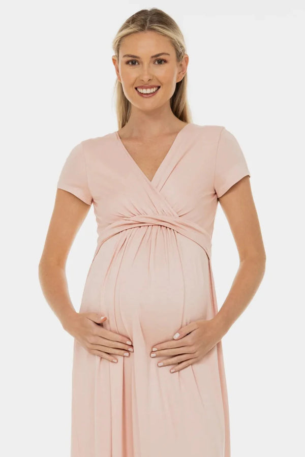 Φόρεμα εγκυμοσύνης και θηλασμού με διακοσμητική ζώνη – πούδρα - - soonMAMA - Η σωστή προσθήκη στην κομψή και άνετη εγκυμοσύνη! - Παλτά για έγκυες