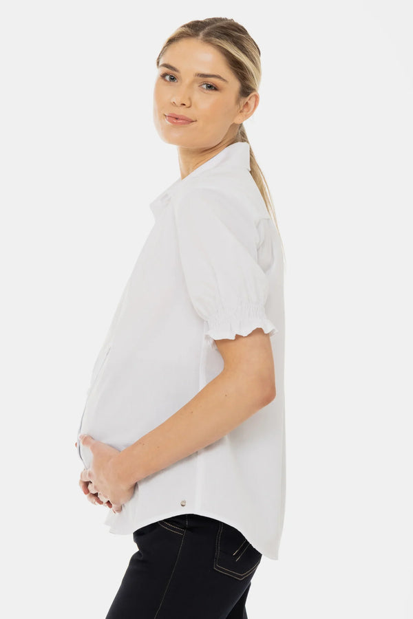 Βαμβακερό πουκάμισο εγκυμοσύνης και θηλασμού με φουσκωτά μανίκια - - soonMAMA - Η σωστή προσθήκη στην κομψή και άνετη εγκυμοσύνη! - Παλτά για έγκυες