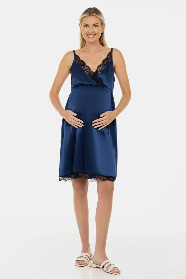 Σατέν νυχτικό εγκυμοσύνης και θηλασμού - σκούρο μπλε