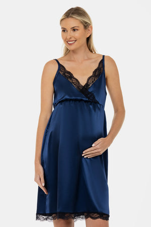 Σατέν νυχτικό εγκυμοσύνης και θηλασμού - σκούρο μπλε - - soonMAMA - Η σωστή προσθήκη στην κομψή και άνετη εγκυμοσύνη! - Παλτά για έγκυες