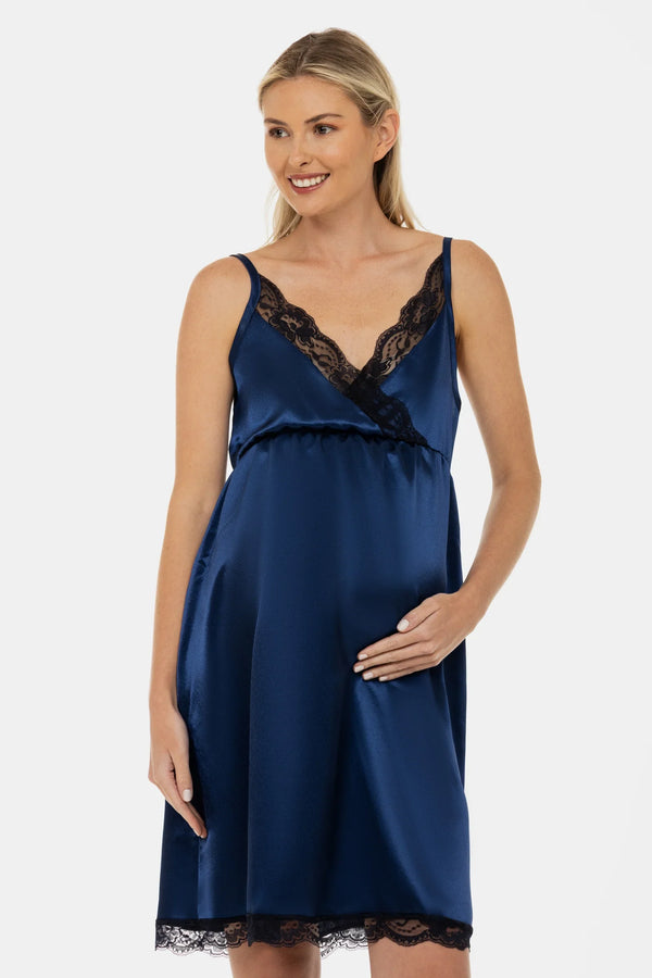 Σατέν νυχτικό εγκυμοσύνης και θηλασμού - σκούρο μπλε - - soonMAMA - Η σωστή προσθήκη στην κομψή και άνετη εγκυμοσύνη! - Παλτά για έγκυες