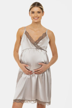 Σατέν νυχτικό εγκυμοσύνης και θηλασμού – ασημί - - soonMAMA - Η σωστή προσθήκη στην κομψή και άνετη εγκυμοσύνη! - Παλτά για έγκυες