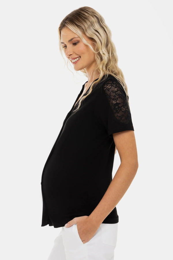 Μπλούζα εγκυμοσύνης και θηλασμού με δαντελένιες λεπτομέρειες – μαύρη - - soonMAMA - Η σωστή προσθήκη στην κομψή και άνετη εγκυμοσύνη! - Παλτά για έγκυες