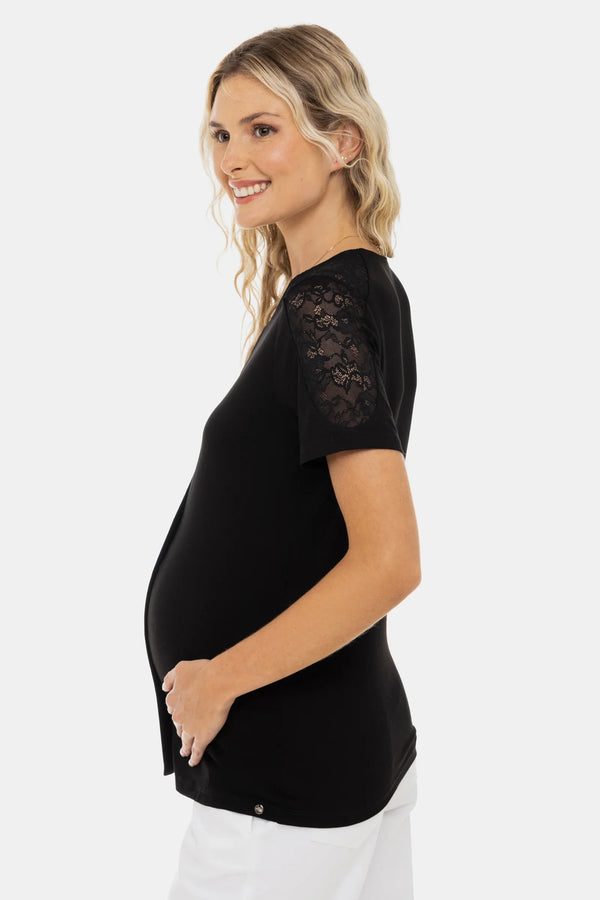 Μπλούζα εγκυμοσύνης και θηλασμού με δαντελένιες λεπτομέρειες – μαύρη - - soonMAMA - Η σωστή προσθήκη στην κομψή και άνετη εγκυμοσύνη! - Παλτά για έγκυες