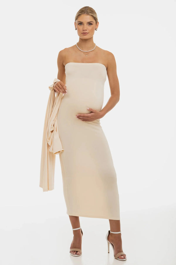 Σετ φόρεμα και ζακέτα εγκυμοσύνης – σε κρεμ απόχρωση - - soonMAMA - Η σωστή προσθήκη στην κομψή και άνετη εγκυμοσύνη! - Παλτά για έγκυες