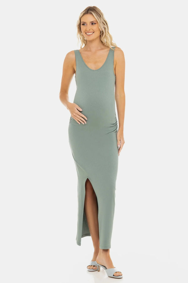 Μακριά βαμβακερή φόρεμα εγκυμοσύνης με σκίσιμο – σε απόχρωση μέντας