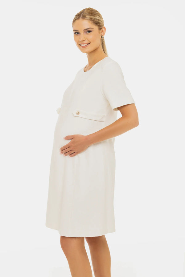 Φόρεμα εγκυμοσύνης από μπουκλέ ύφασμα με κομψές χρυσές λεπτομέρειες - - soonMAMA - Η σωστή προσθήκη στην κομψή και άνετη εγκυμοσύνη! - Παλτά για έγκυες