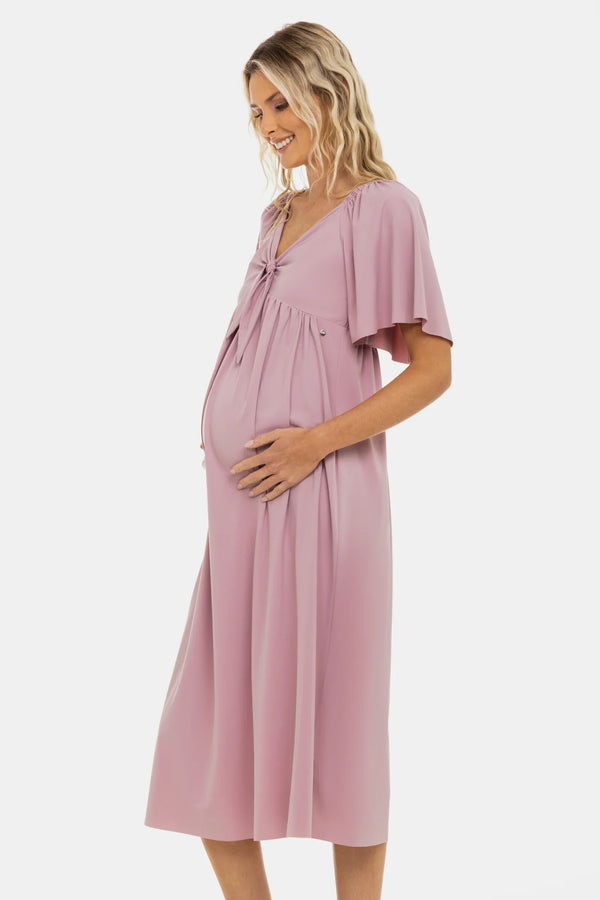 Φόρεμα εγκυμοσύνης με σούρες και φιόγκο – σε απόχρωση πούδρας