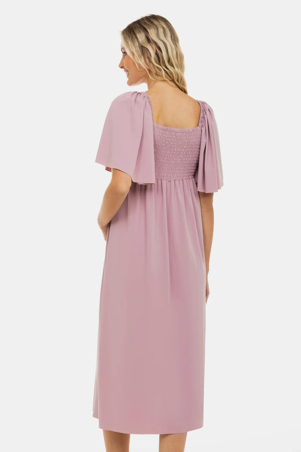 Φόρεμα εγκυμοσύνης με σούρες και φιόγκο – σε απόχρωση πούδρας