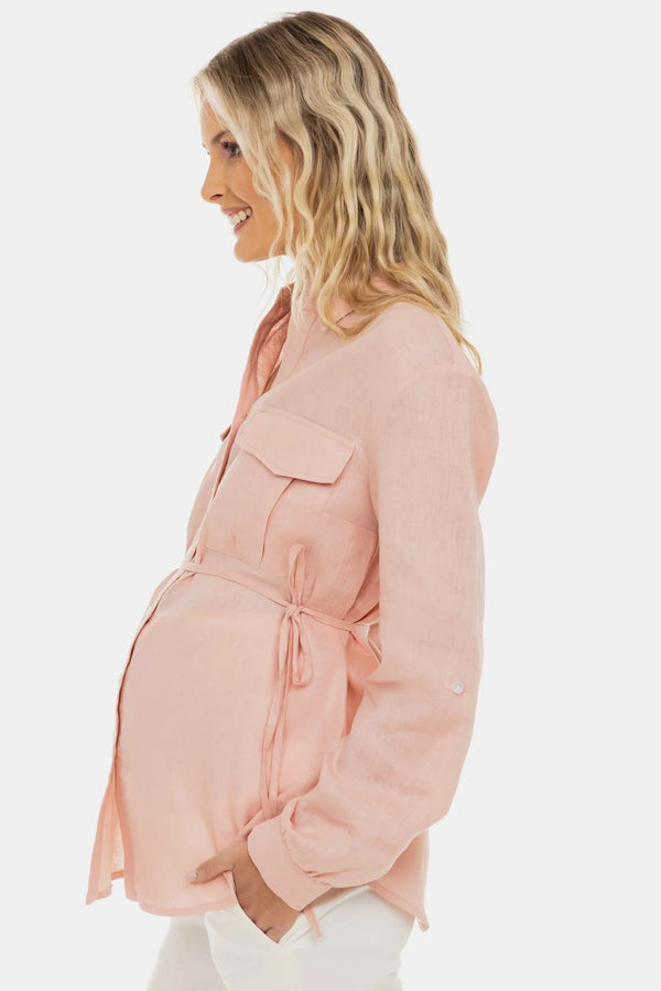 Λινό πουκάμισο εγκυμοσύνης και θηλασμού – ροζ - - soonMAMA - Η σωστή προσθήκη στην κομψή και άνετη εγκυμοσύνη! - Παλτά για έγκυες
