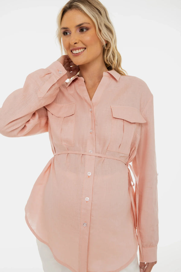 Λινό πουκάμισο εγκυμοσύνης και θηλασμού – ροζ - - soonMAMA - Η σωστή προσθήκη στην κομψή και άνετη εγκυμοσύνη! - Παλτά για έγκυες
