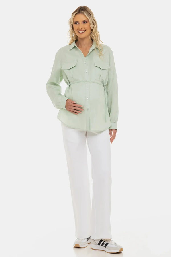 Λινό πουκάμισο εγκυμοσύνης και θηλασμού – ανοιχτό μέντα - - soonMAMA - Η σωστή προσθήκη στην κομψή και άνετη εγκυμοσύνη! - Παλτά για έγκυες